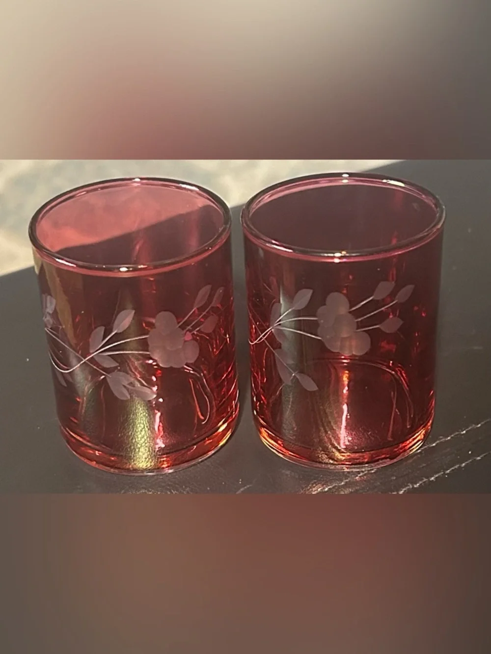 Cranberry Etched Glass Votive Holders - Brand Unspecified 2.5”X2”
